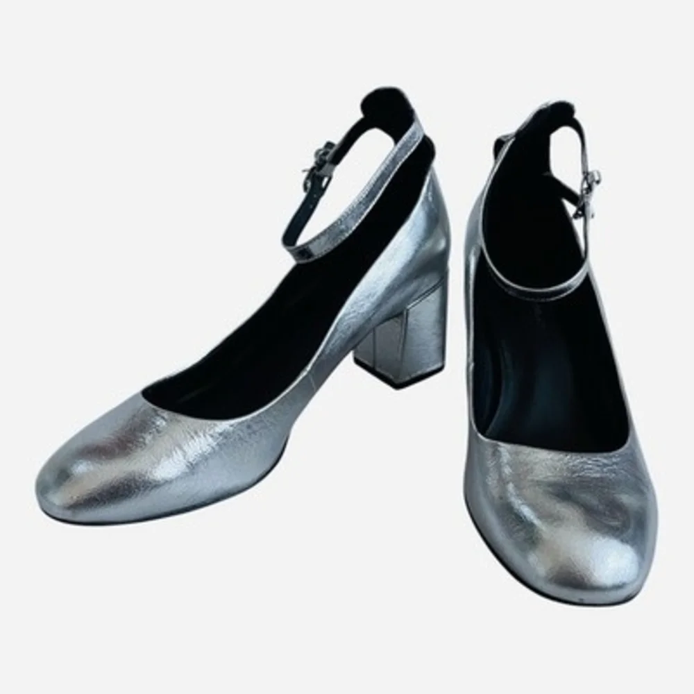 Rebecca Minkoff Metallic Silver Leather Ankle Strap Pumps Women's Shoes 8M Good